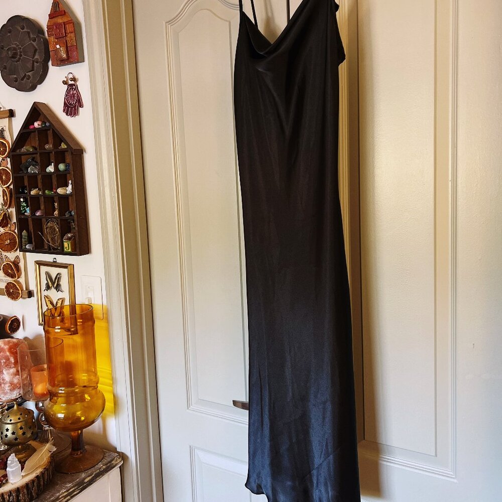 bebe Black Satin Slip Dress Y2K Cowl Neck Midi Made in USA Small